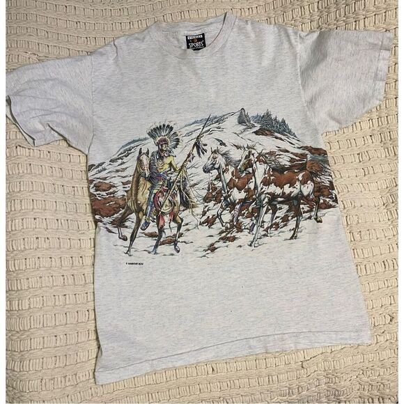 VTG 90’s Habitat XCIV Tshirt American Indians & Horses double sided single stitc - Picture 2 of 5